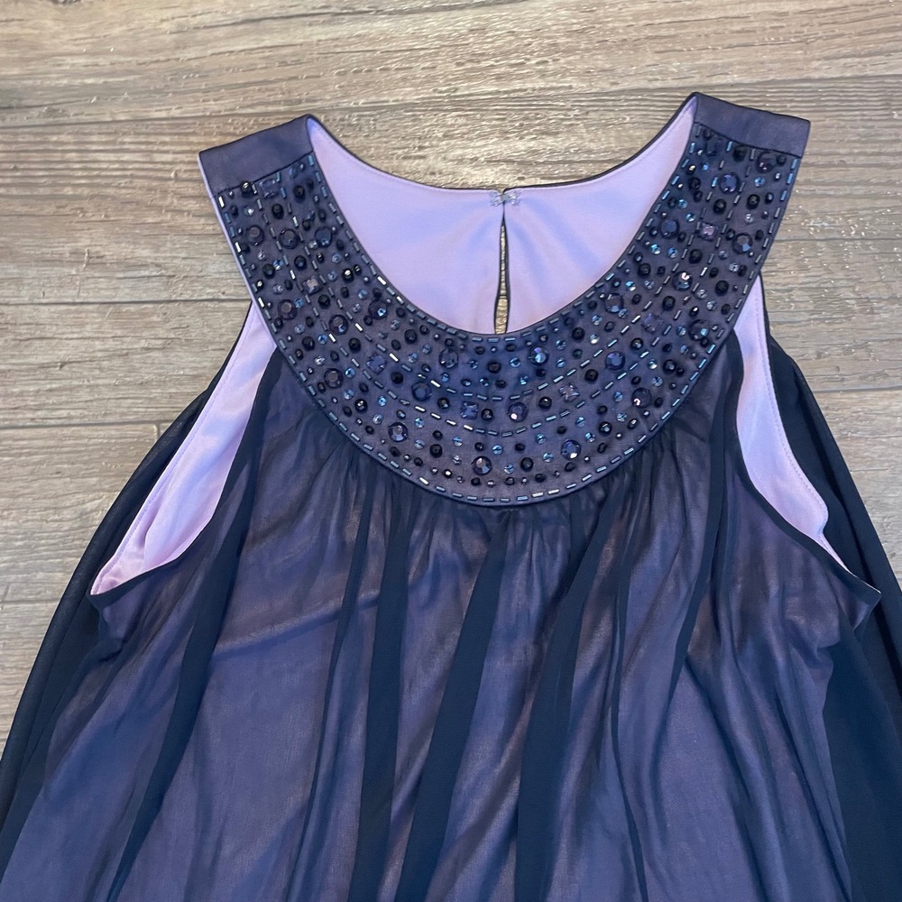 Jessica Howard Navy Lavender Beaded Neck Chiffon Overlay Cocktail Dress Size 10